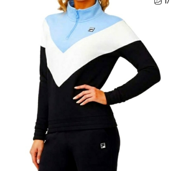 Fila Tops - Fila Sport Blue Black & White Chevron 1/4 Zip Sweatshirt Sweater Wmn's M Comfy